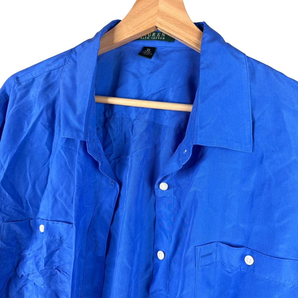 Lauren Ralph Lauren 100% Silk Royal Blue Roll Tab Pocket Blouse Plus Size 2X